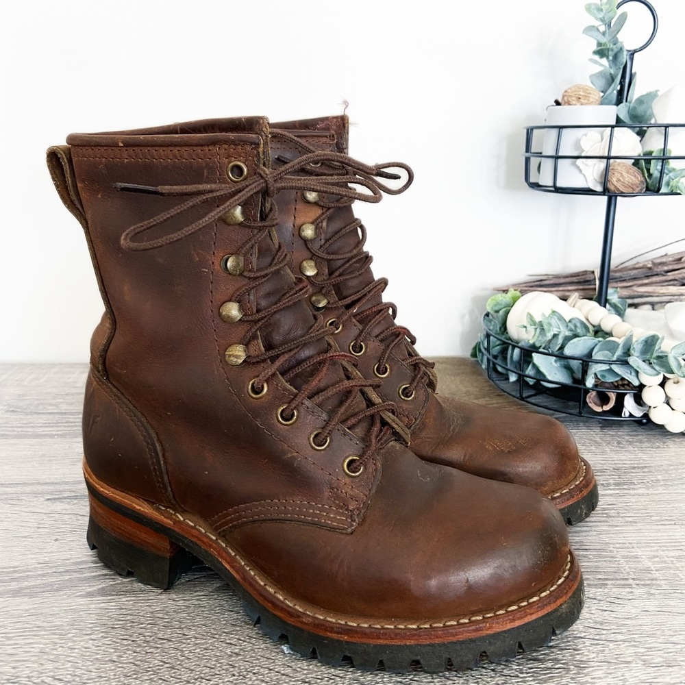 Frye Logger 8G Brown Leather Lace Up Vibram Lug Sole Boots